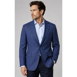Jack Victor Sport Coat Blazer Men's 43R Blue Check Super 130s Wool SPJ Luxor